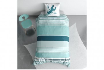 Parure de lit 140x200 cm enfant coton girafe bleu