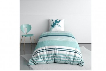 Parure de lit 140x200 cm enfant coton girafe bleu