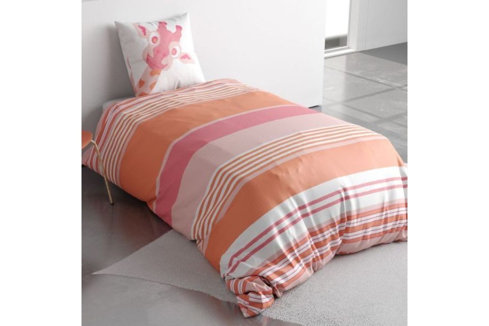Parure de lit 140x200 cm enfant coton girafe rose