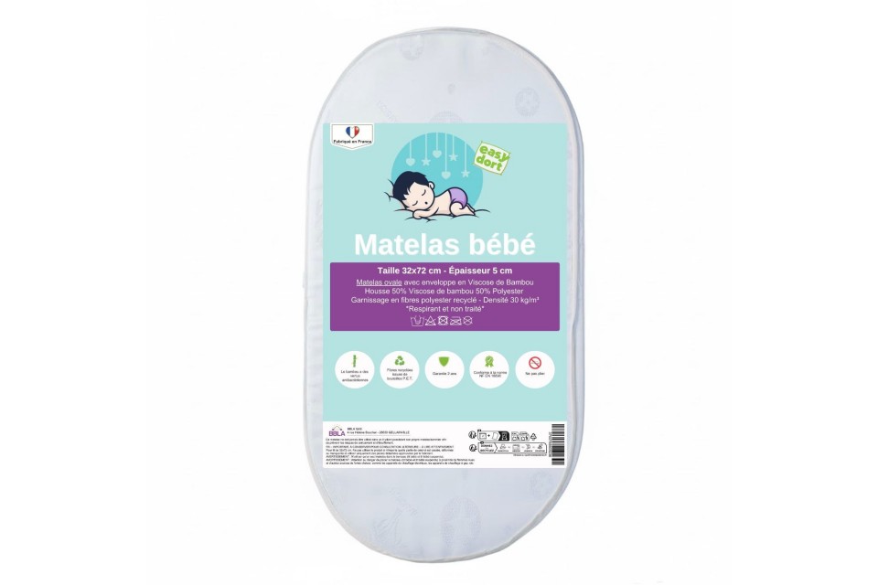 Matelas pour couffin en Bambou avec coins arrondis - 32x72x5