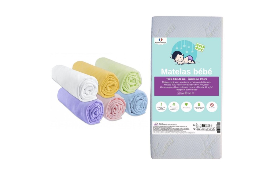 Matelas 60x120 + 6 draps housse + 2 protèges matelas