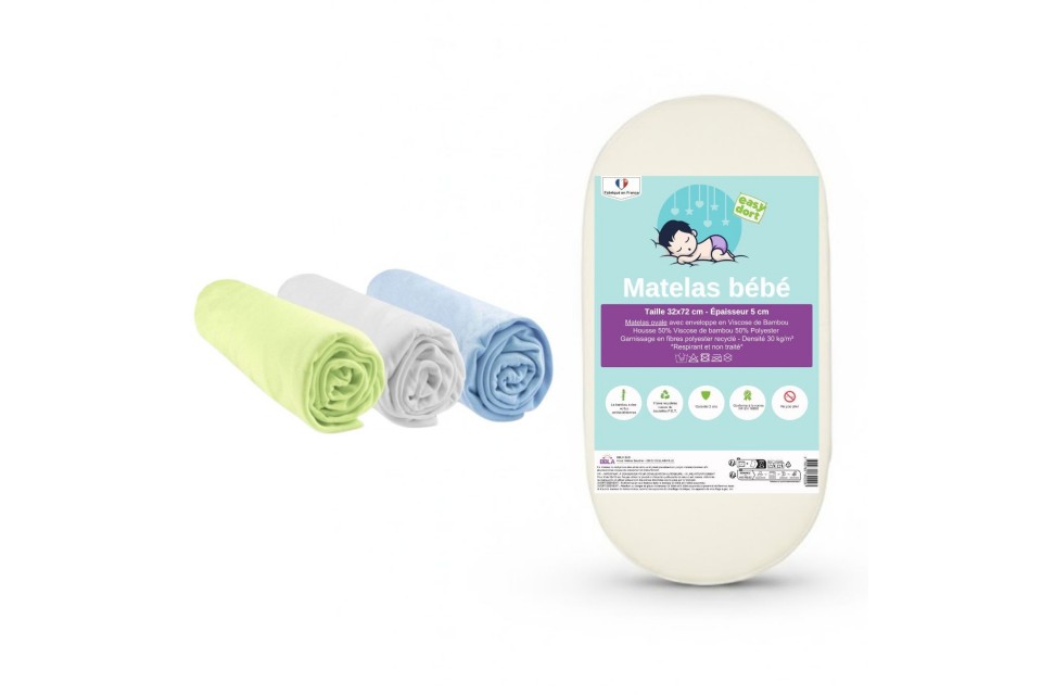 Matelas Couffin 32x72 Bambou + 3 Draps housse 32x72 bambou