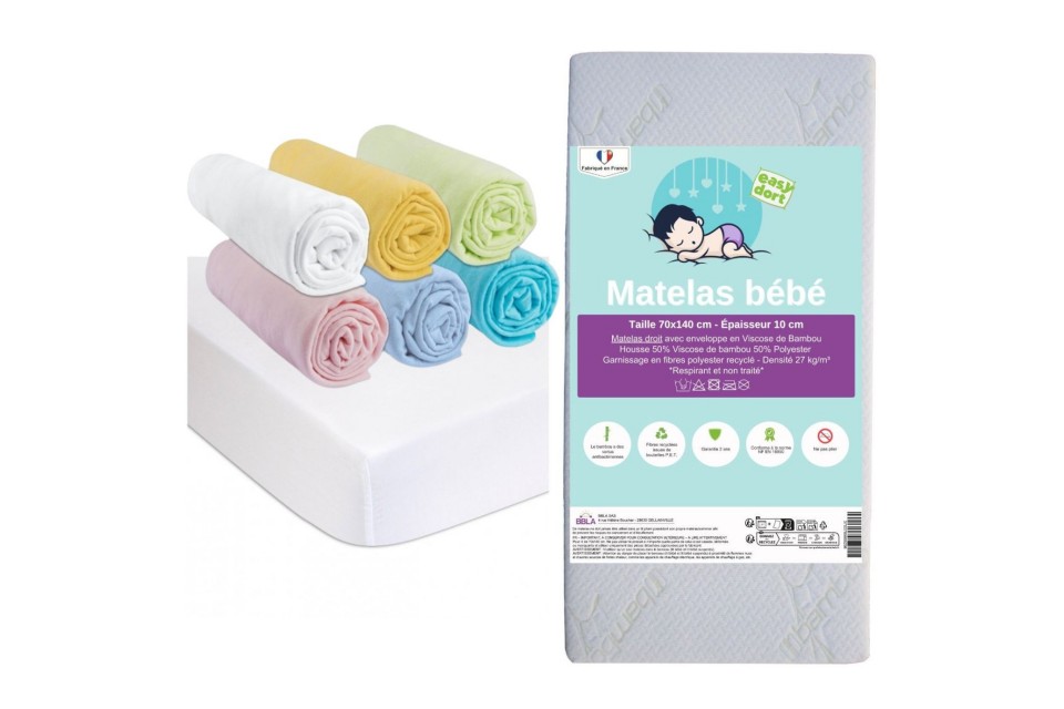 Matelas 50x100 + 6 draps housse + 2 protèges matelas