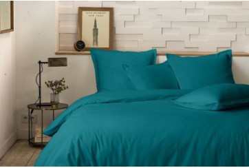 Parure de lit 240x260 cm 100% Percale de Coton 80 fils Bleu canard