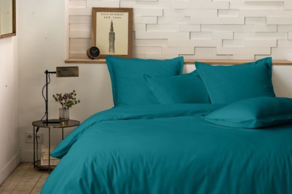 Parure de lit 220x240 cm 100% Percale de Coton 80 fils Bleu canard