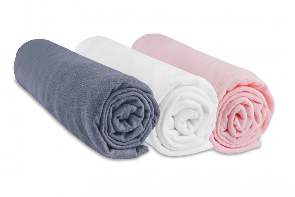 Lot de 3 draps housse jersey coton coloris fille - blanc rose et gris 40x80/90