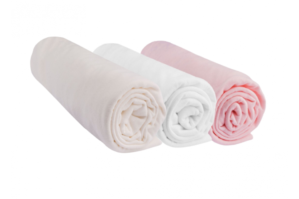 Lot de 3 draps housse fille coton rose blanc parme 70x160