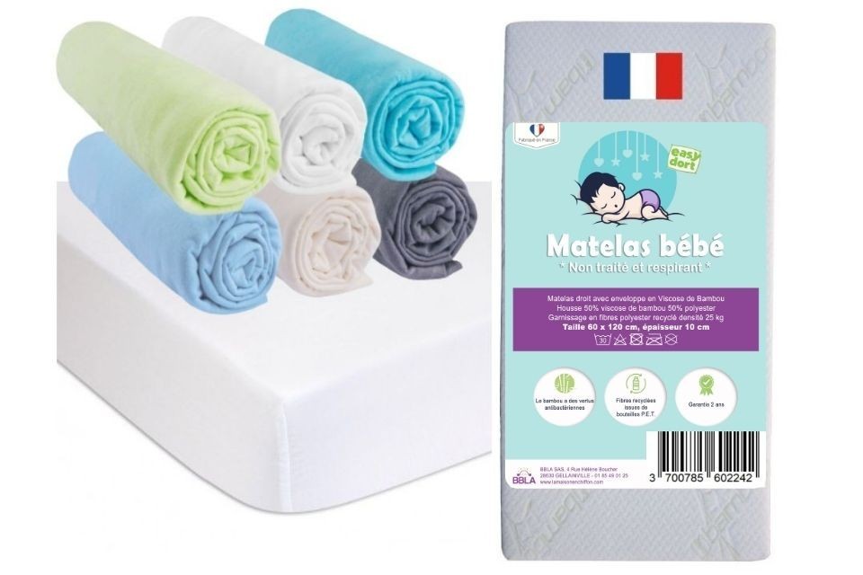 Matelas 60x120 + 6 Draps housse Océan + 2 Protèges-matelas